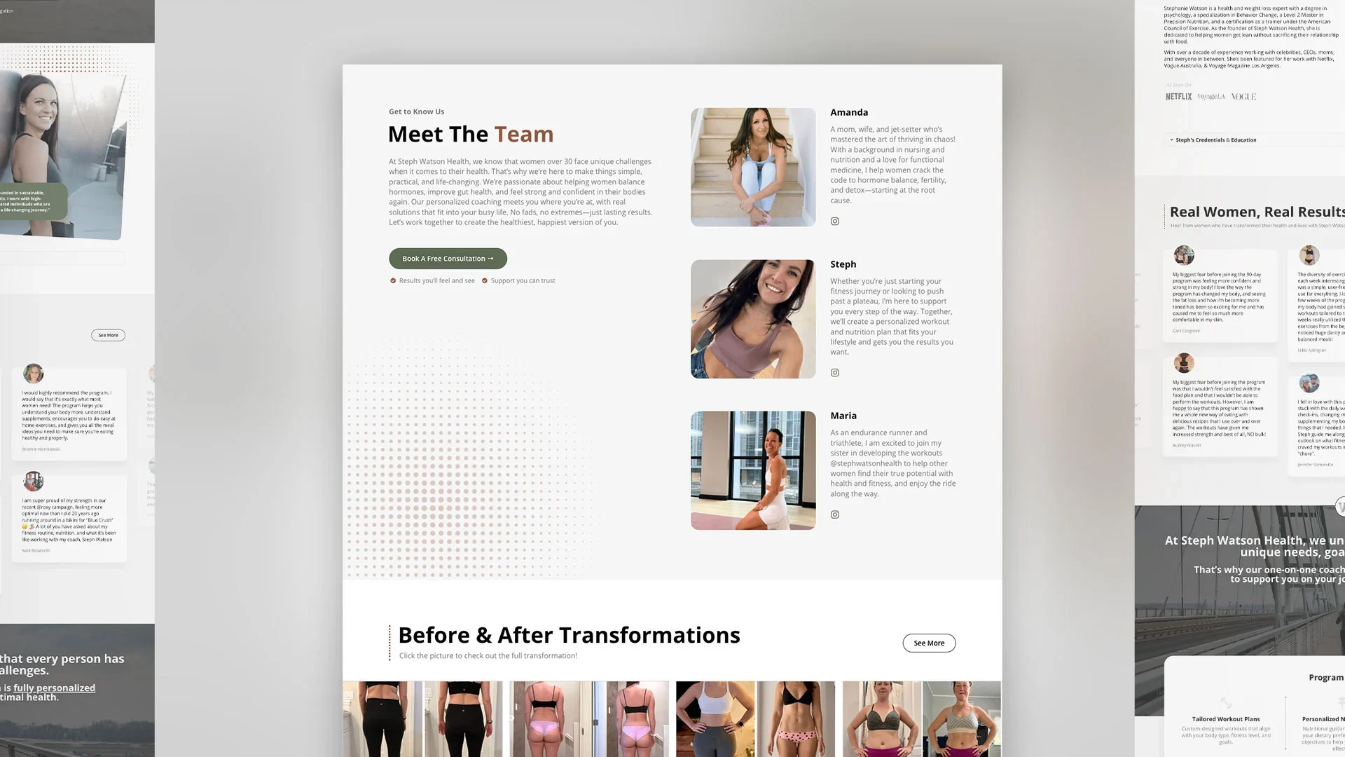 Meet the Team page with client transformations on the Steph Watson Health website