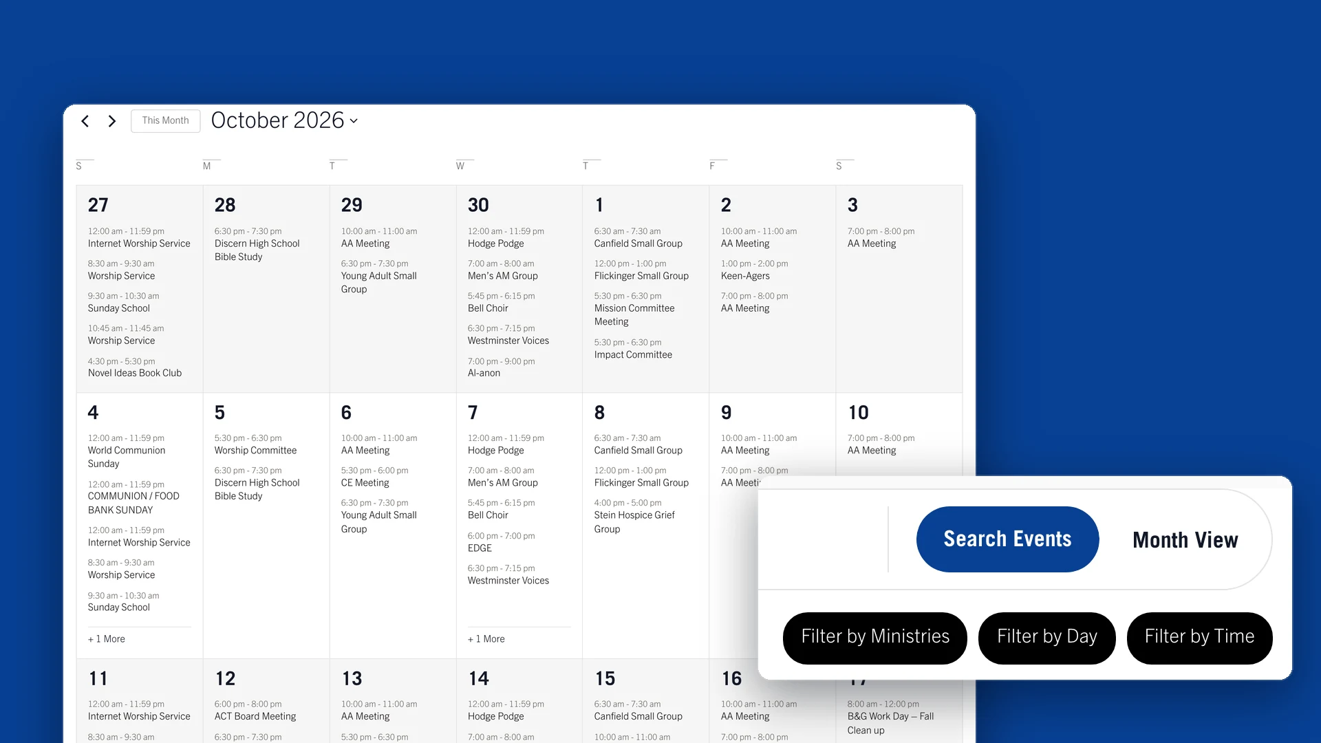 First Presbyterian Church events calendar with ministry, day and time filters