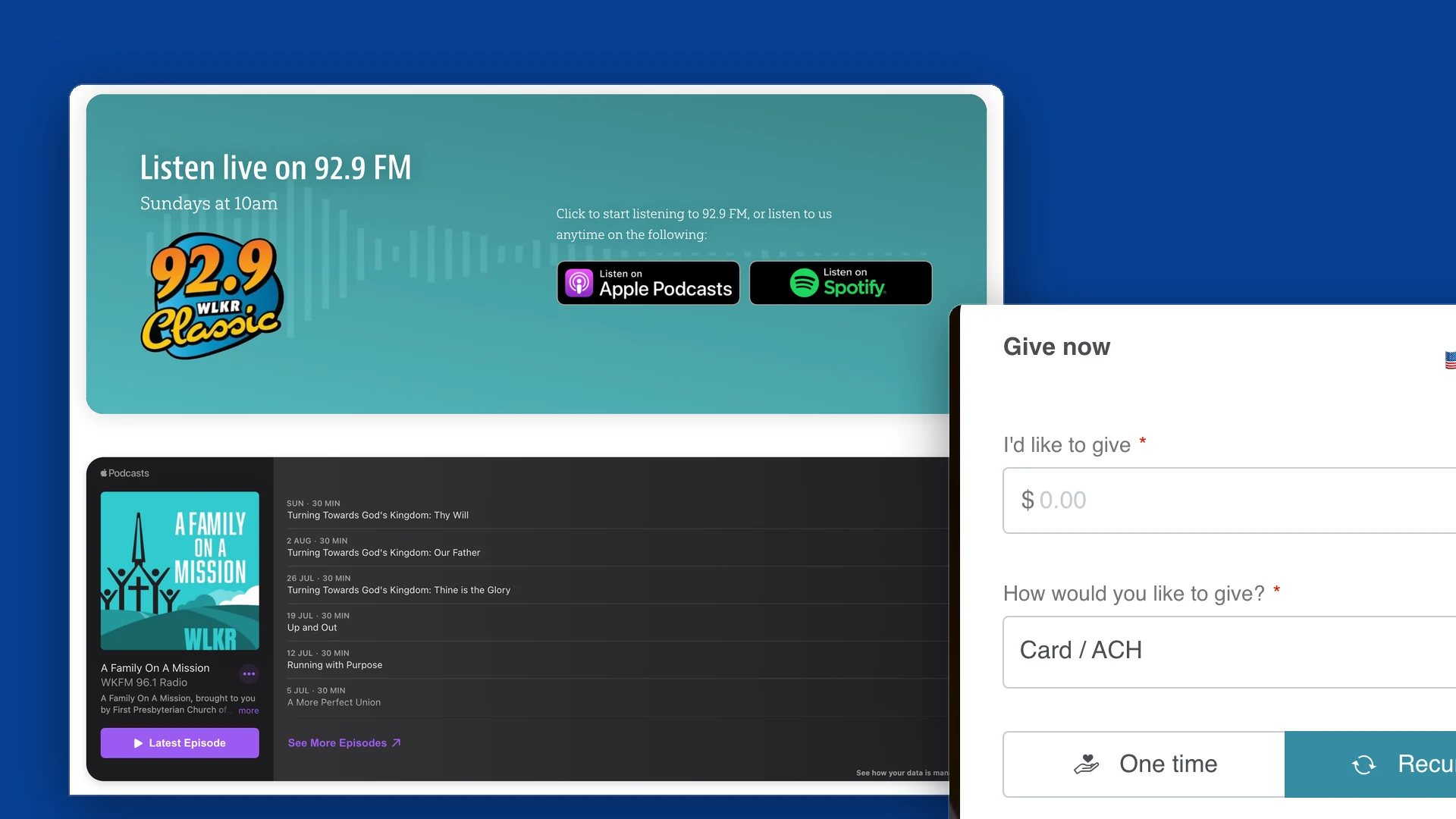 First Presbyterian Church radio ministry with Apple Podcasts and Spotify plus the embedded Pushpay giving form