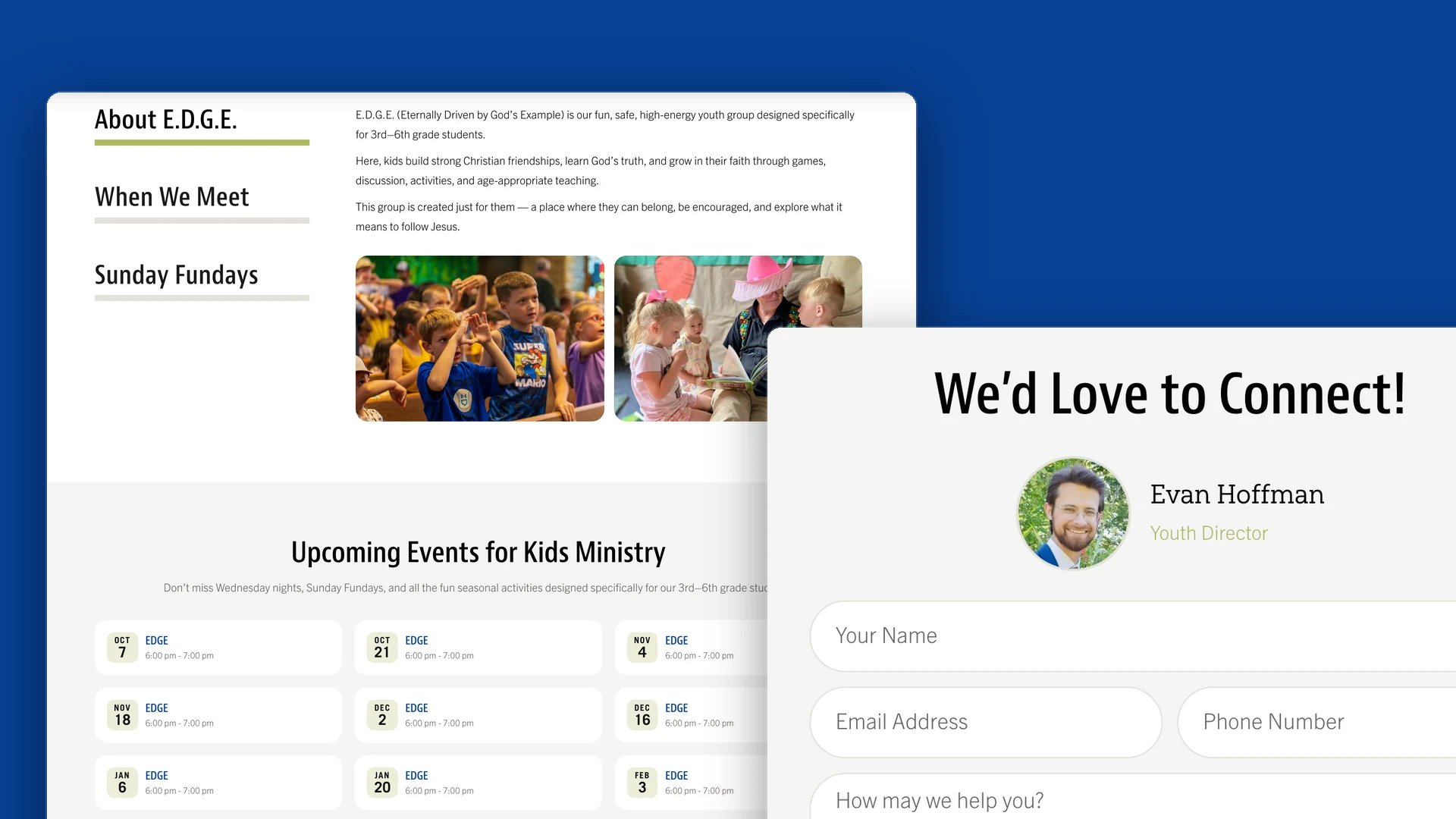 First Presbyterian Church Kids Ministry page with upcoming events and a youth ministry contact form