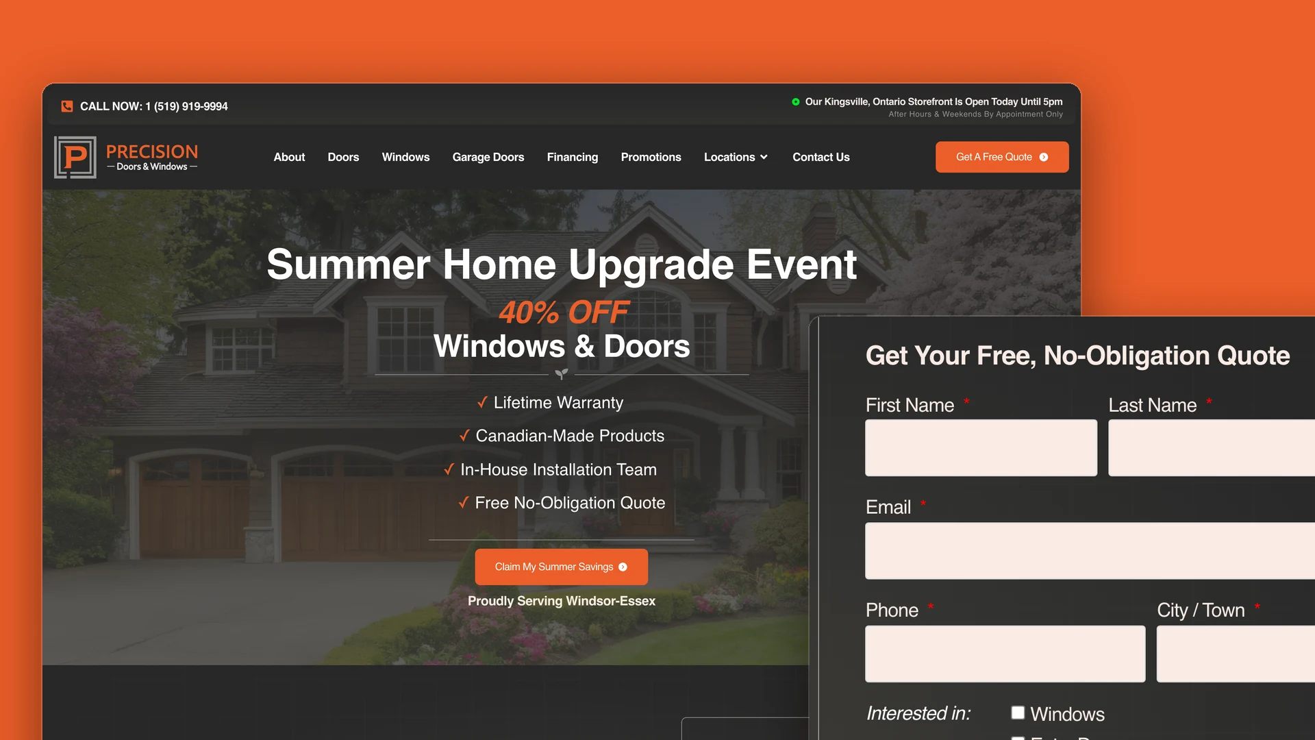 Precision Doors & Windows homepage with seasonal promotion