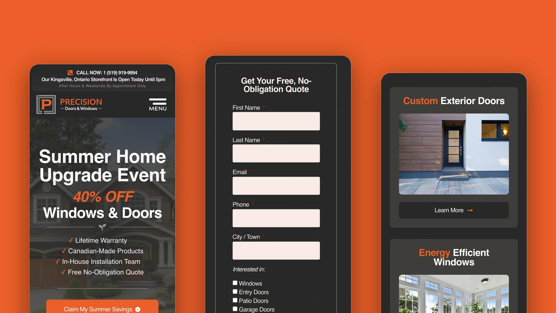 Precision Doors & Windows website on a mobile device