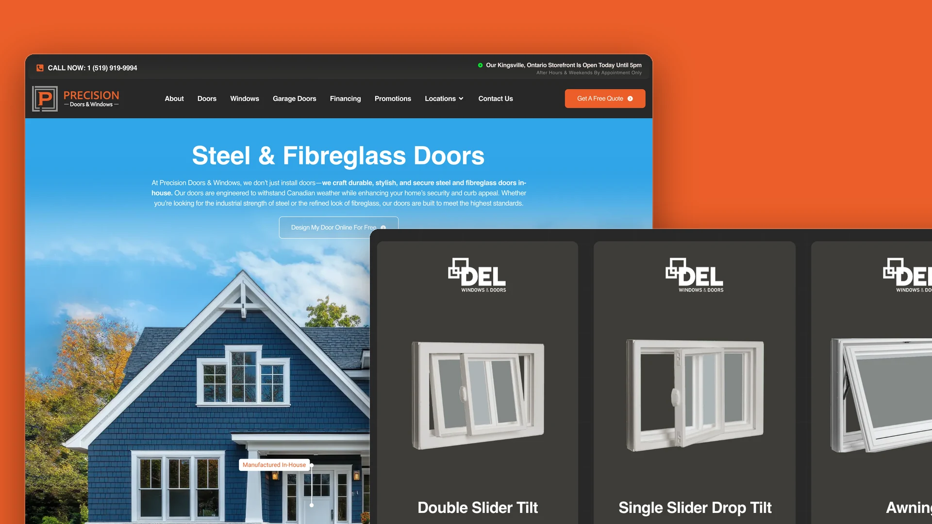Precision Doors & Windows product page showing window and door options