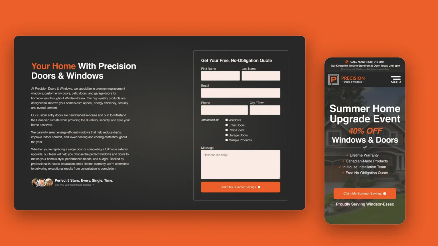 Precision Doors & Windows website designed by Dragos Design Creative